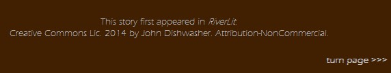 This story first appeared in RiverLit. Creative Commons Lic. 2014 by John Dishwasher. Attribution-NonCommercial